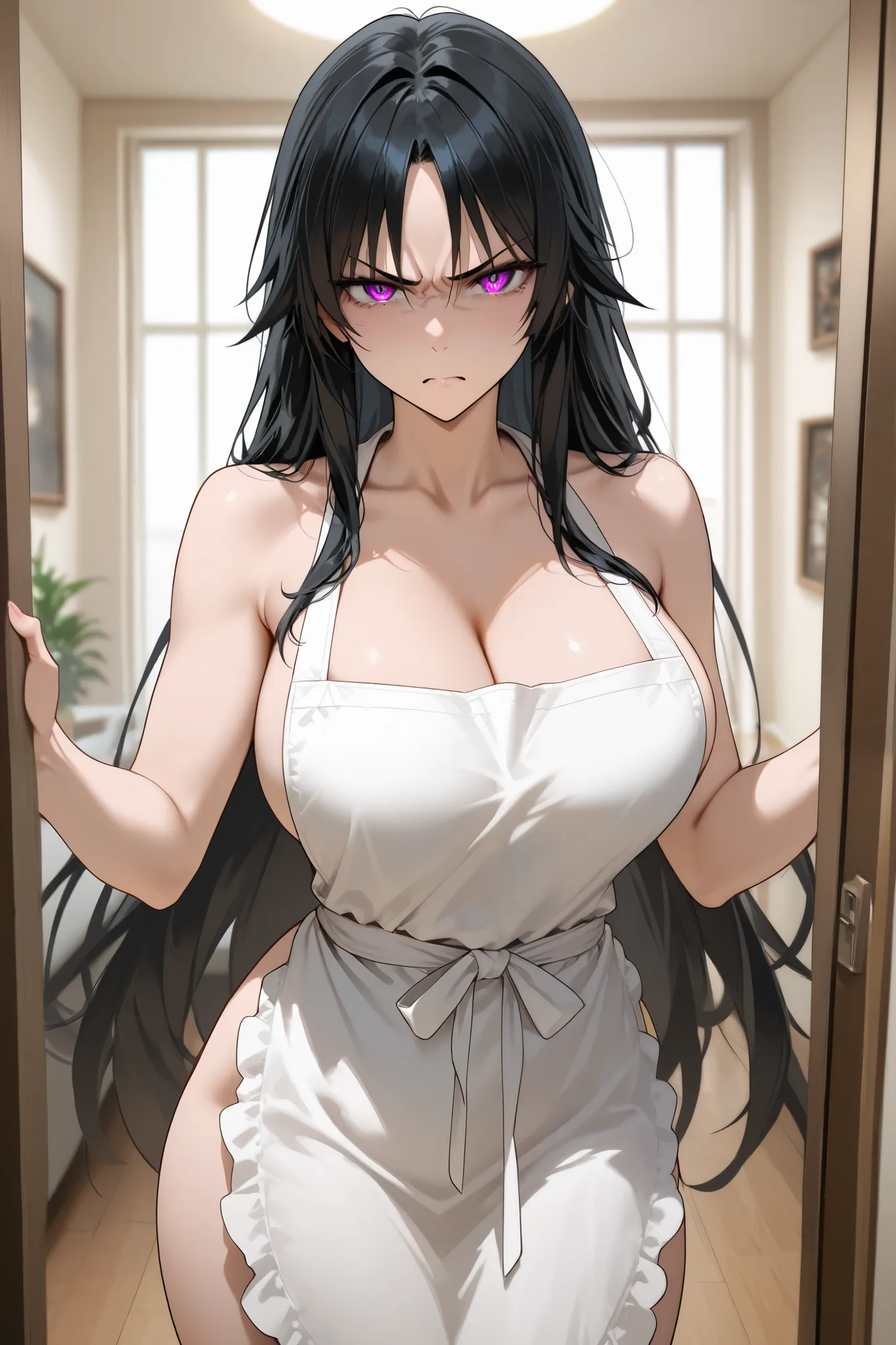 A tall raven haired female bodybuiler in an apron standing in a living room, glaring angrily at the viewer, ready to take physical action