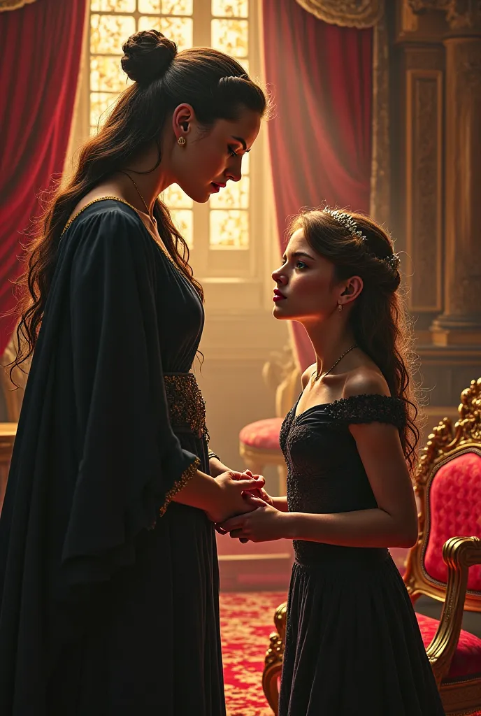 Urania must seem authoritarian and distant.  The room , although luxurious, must feel suffocating. Alana in a luxurious but cold room, being reprimanded by her mother, Queen Urania.