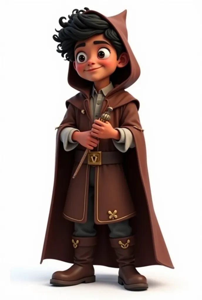 A Pixar-style character design of a young man with curly black hair and dark skin. He wears a brown cape with gold details and a hood on his wizard's head. In his hands he holds a wand. The background of the image will be white. It is a full-body image.