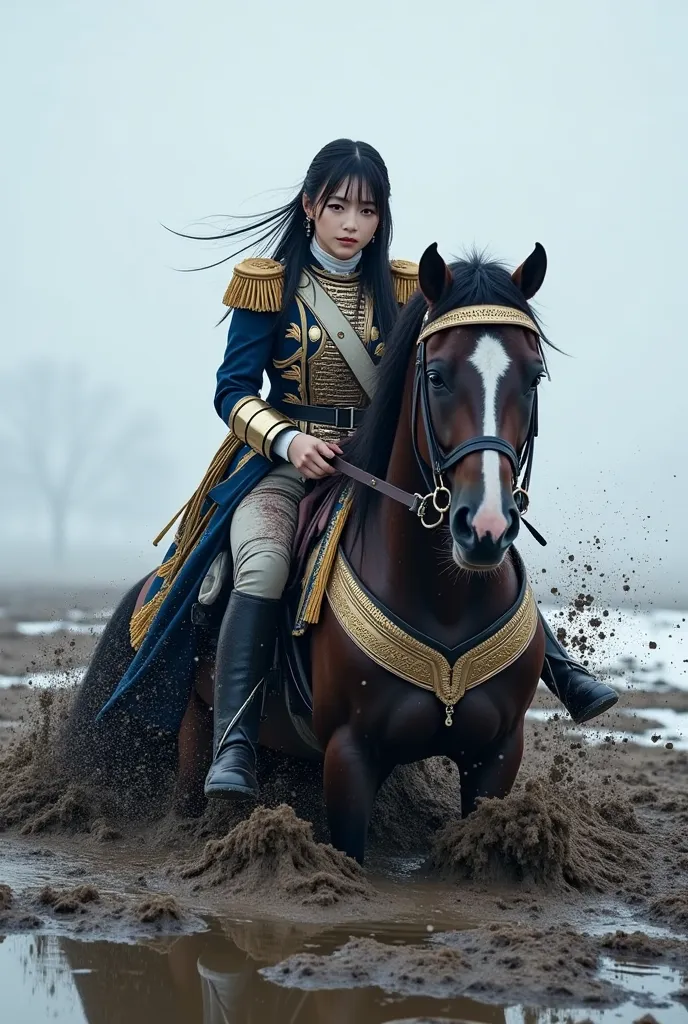 white,Squall,A female knight riding a horse that falls with her legs deeply embedded in a muddy field,Punishment horse rider,full body,Horse falls on soft ground,堕落したwhiteいフランス軍服のJapan人女性騎士の馬が大きく倒れる,Her leg is taken off on soft ground,Strong winds,Japan,Sl...