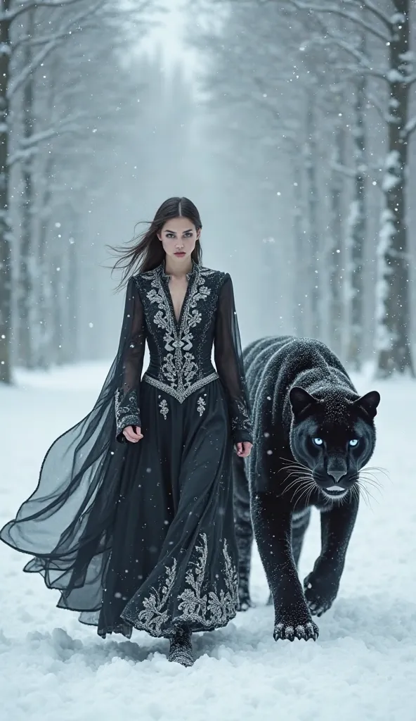 A breathtaking, ultra-detailed fantasy scene featuring a powerful woman in a gothic black gown, embroidered with intricate silver patterns, walking with purpose through a vast, snow-covered landscape. Her long, flowing dress moves with the wind, and her in...