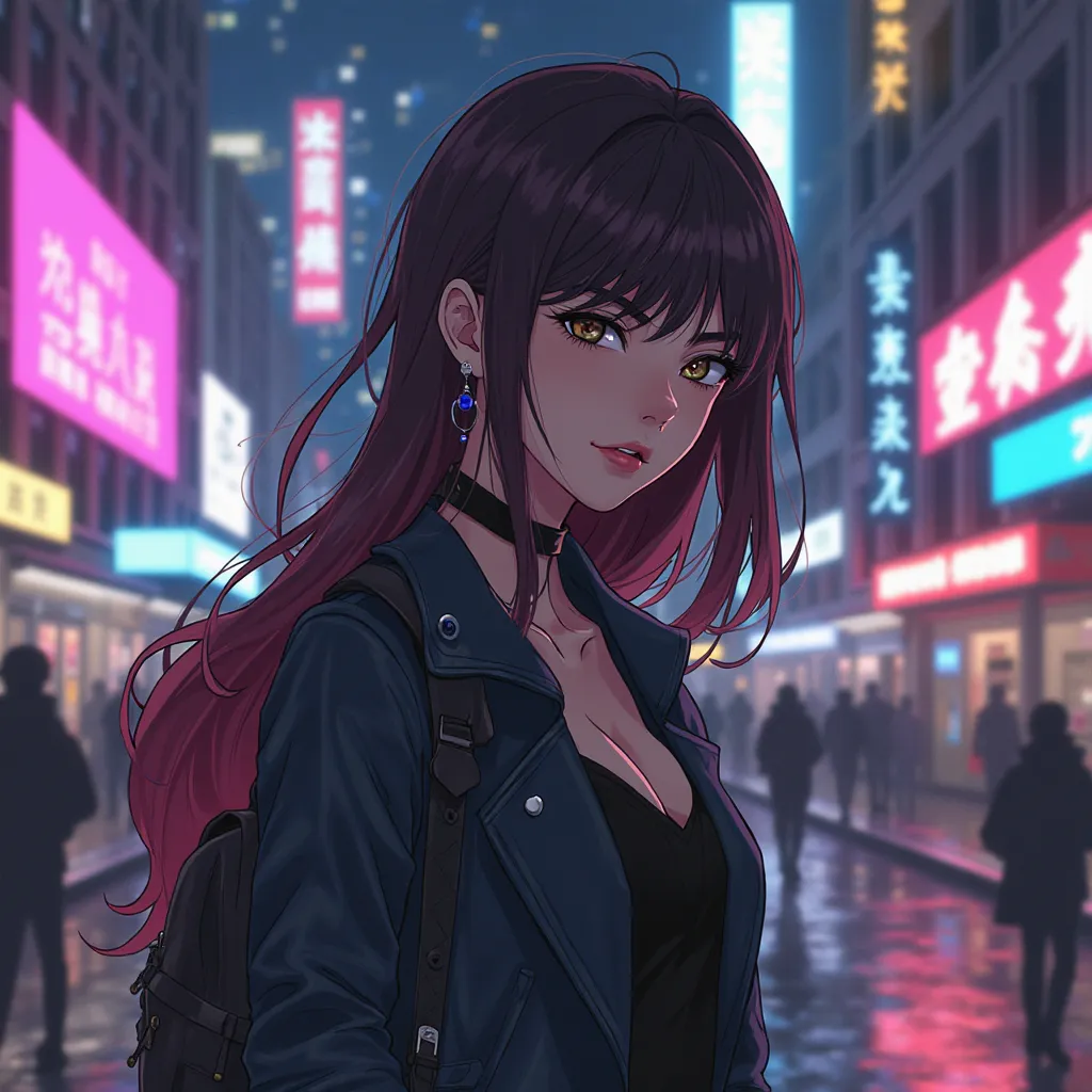 in anime style A young woman, Evelyn Carter, is napped by a mysterious masked thief known as "The Phantom" in a futuristic cyberpunk city. The neon lights flicker as she is dragged into a high-speed motorcycle chase, her hands bound while the thief dodges ...