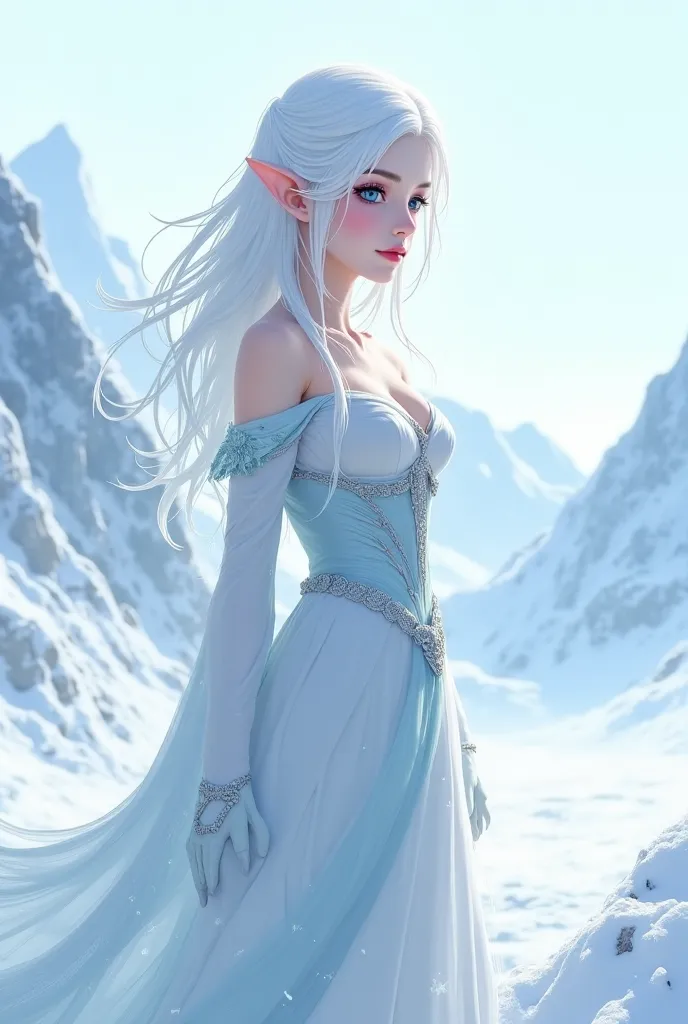 ice elf , girl, white hair,  unadorned , ordinary medieval clothing,  Anime style