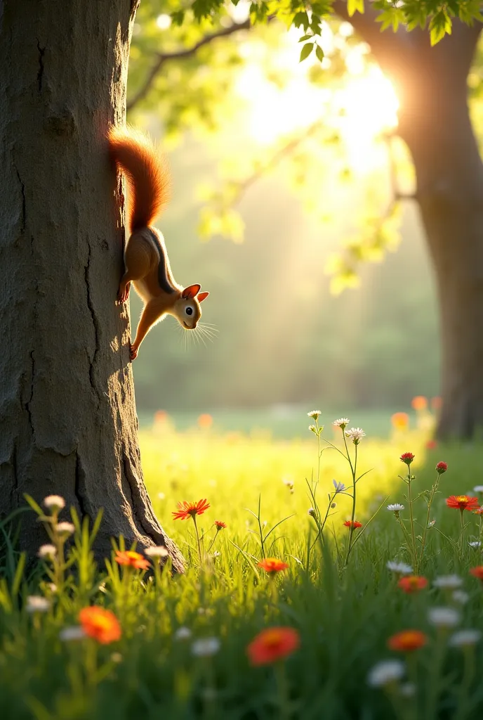 In a green meadow a small squirrel 🐿️ climbing a large tree