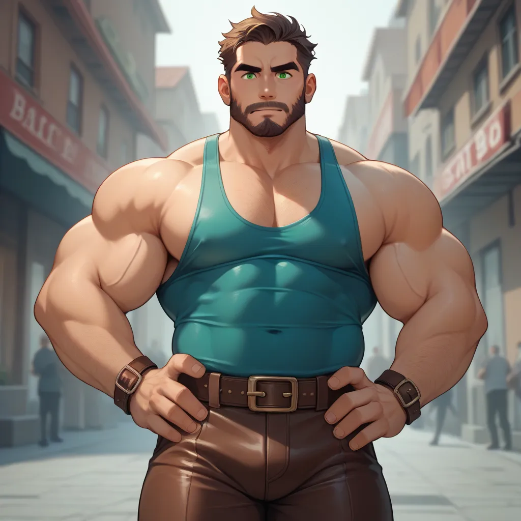 Man, (handsome hobo, short, fat buff, muscular bara), human, brown hair, small man bun, beard, lots of body hair, green eyes, (very tight blue tank top), (brown baggy heavy trousers, unbuttoned polo shirt), belt, brown leather shoes, bicep belt, best quali...