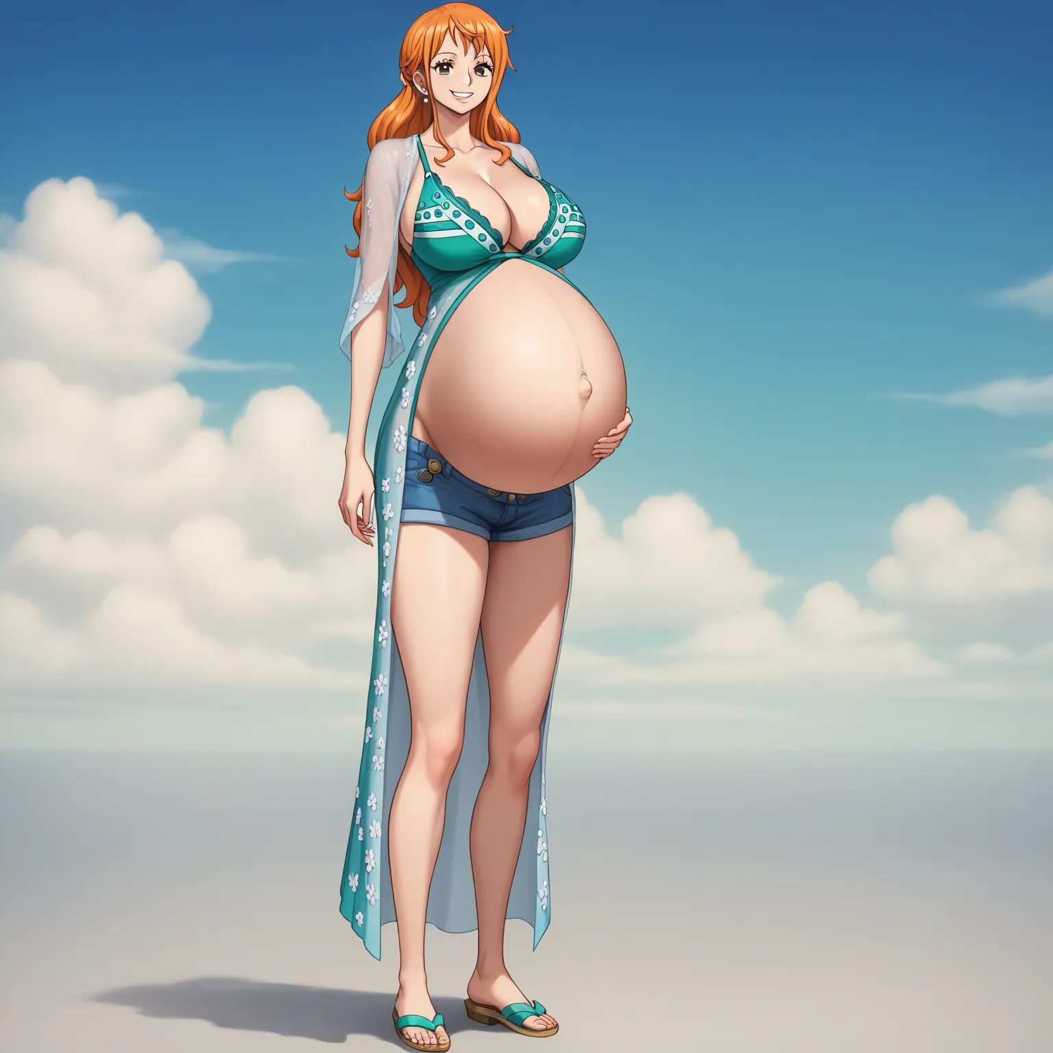 score_9, score_8_up, score_7_up, source_anime, best quality, clear face, 1girl, nami, NAAmi, orange hair, blue eyes, large breasts, lace robe, maternity robe, shorts, cleavage, smile, looking at viewer, sky, standing, pregnant belly, huge belly, belly expo...