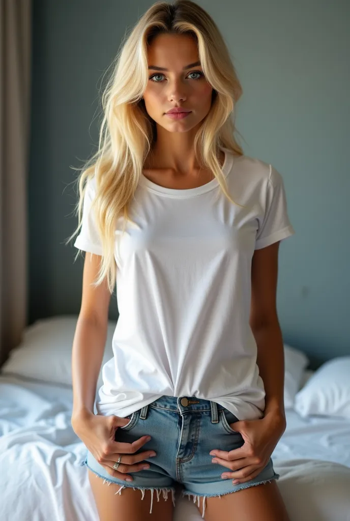 ultra realistic photo of a girl of Italian origin. 25 years old blonde bright realistic photo taken at home on bed. Eye color blue big chest figure like hourglass professional lighting dressed in shorts and t-shirt, photo taken in banner style 