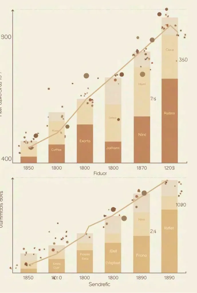 BAR CHART Graphs: Progressive increase in coffee and cocoa exports between 1850 and 1890, with peaks in the 1870s and 1880s.