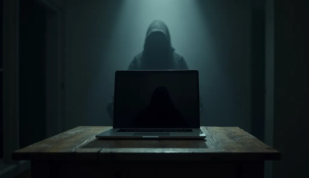 "A dimly lit room with a closed laptop sitting on a wooden table. The laptop screen is dark and slightly reflective, hinting at a shadowy, indistinct figure in the background. The air feels heavy, filled with an eerie, unsettling presence. The scene is moo...