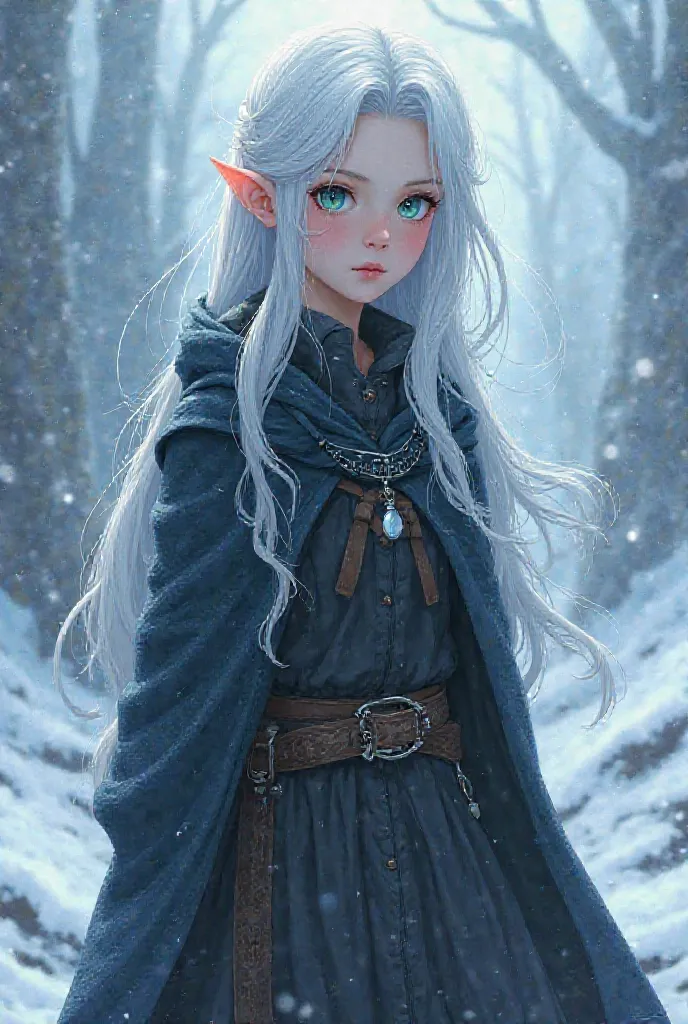 ice elf , girl, white hair,  unadorned , dark cloak and dark medieval scout clothes,  Anime style