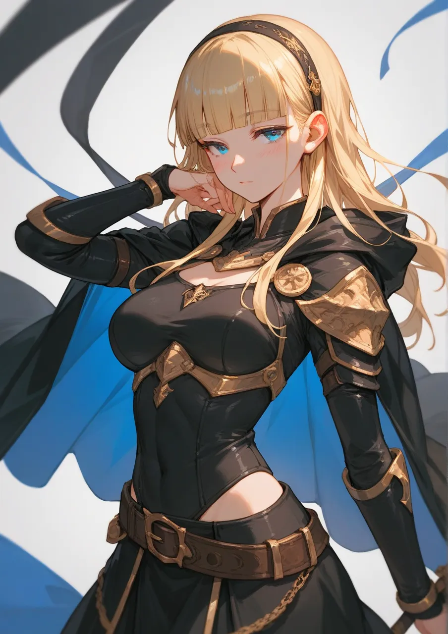 score_9, score_8_up, score_7_up,1girl, solo, blond hair, long hair, ((short blunt bangs)), long locks, cape, medium breast, blue eyes, narrowed eyes, hair band, ((hands)), fingers, blush, (black clothes), black armor, (((pose))), gold, belt, black grounds,...