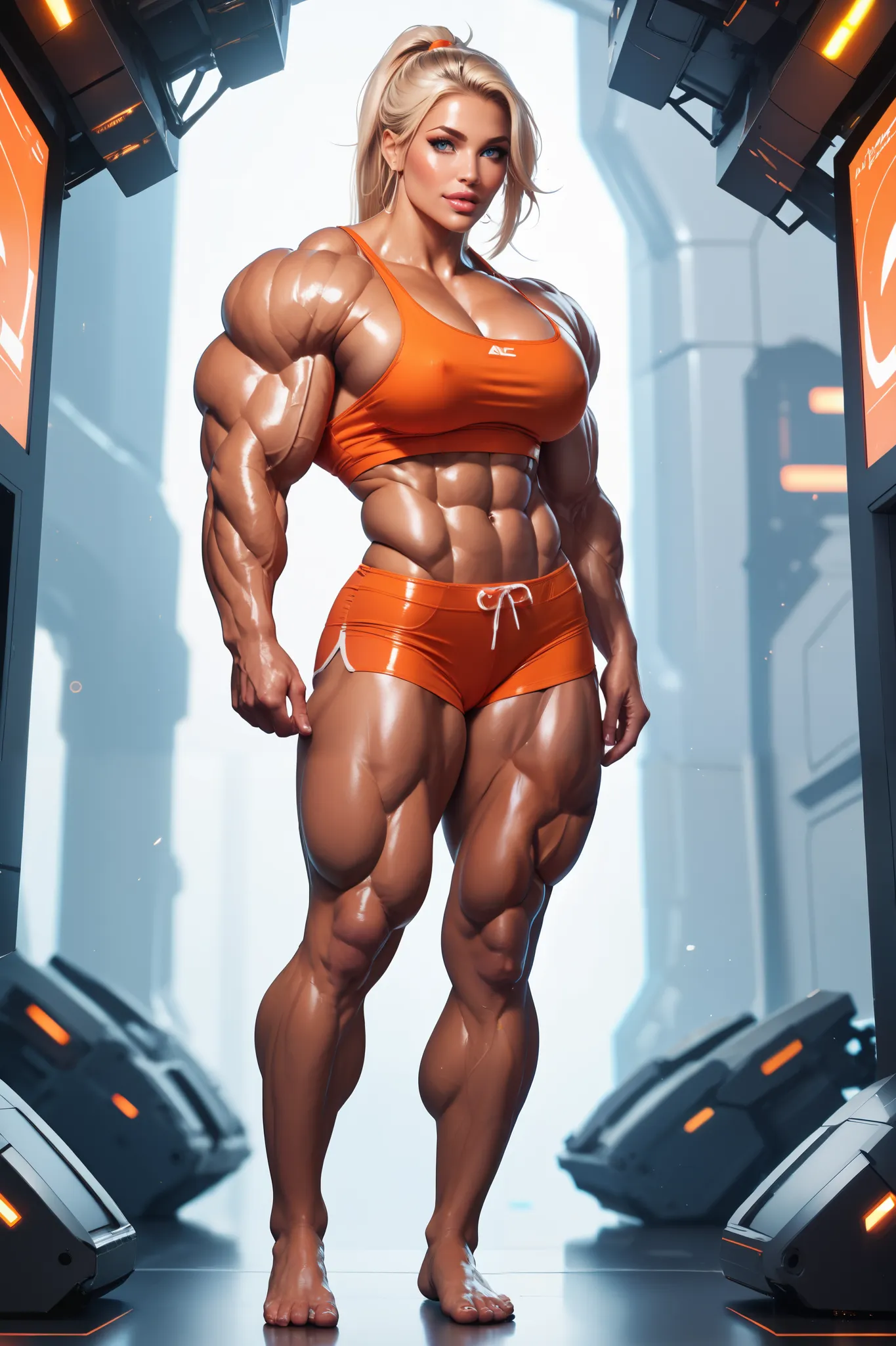 Cartoon Leeloo wearing a whute crop tank top with orange panties, barefoot, (((Huge Muscles))), sci-fi background