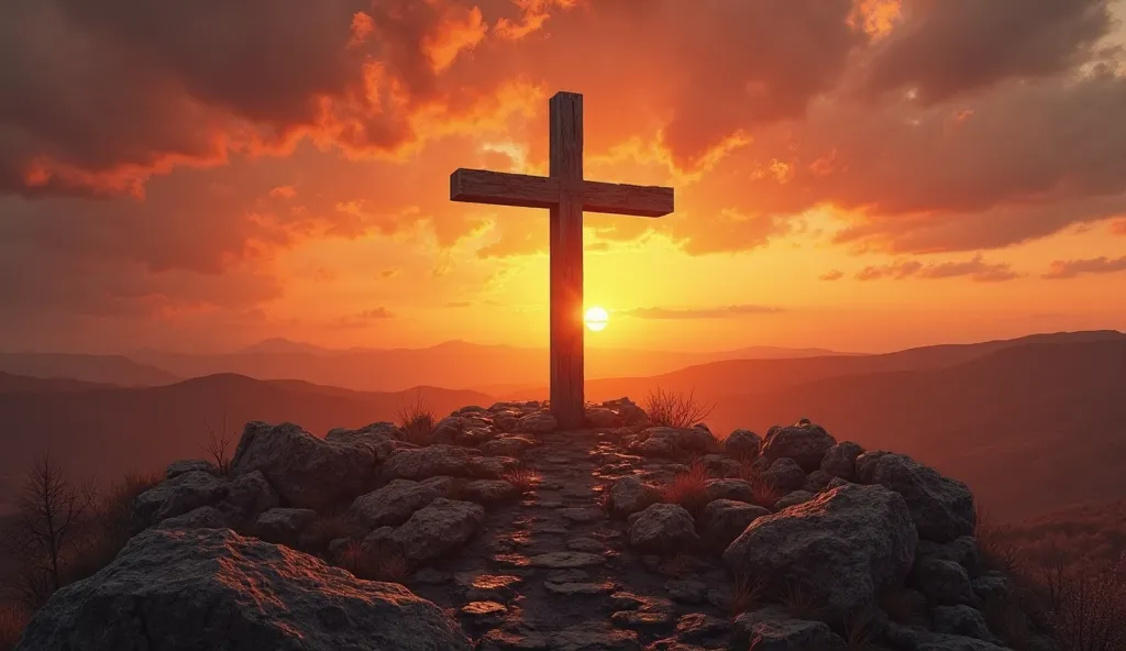 A cross on Mount Golgotha at sunset 