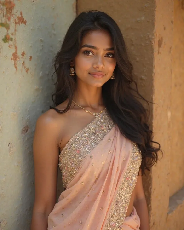 "A 22-year-old exceptionally beautiful and cute Indian girl with large, expressive brown eyes, soft glowing skin, and delicate facial features poses gracefully for a high-fashion photoshoot. She is wearing a modern, intricately designed saree with soft pas...