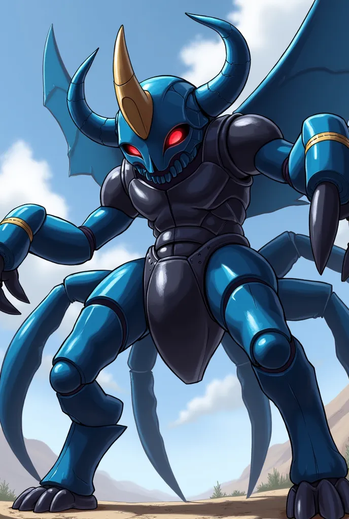 Kabuterimon is similar to a huge beetle, in particular a rhinoceros beetle.
His body has a blue, Hard armor covers, which makes it extremely resistant to physical attacks.
It has six strong legs and large claw-like hands, with which it can grab and hold en...