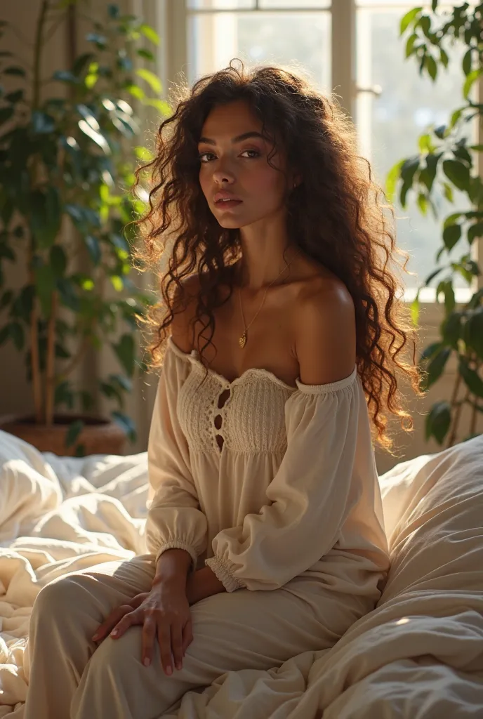 (photorealism:1.2), beautiful woman, sitting on bed, wearing loose off-shoulder top, pajama pants, long curly hair, indoors, soft lighting, plants in background, window with sunlight, cozy room, relaxed pose, realistic, intricate details, warm colors, by G...