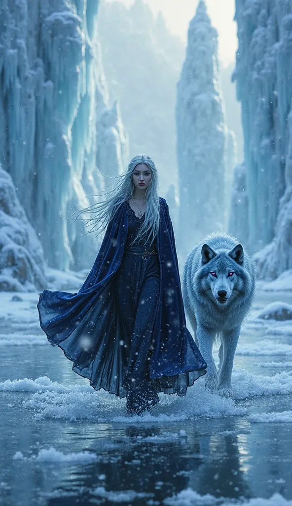 A mystical sorceress with silver hair and piercing violet eyes walks gracefully across a frozen lake, her dark blue velvet cloak flowing behind her. Her presence exudes an eerie calm as snowflakes swirl gently in the wind. A colossal ice-blue wolf with cry...