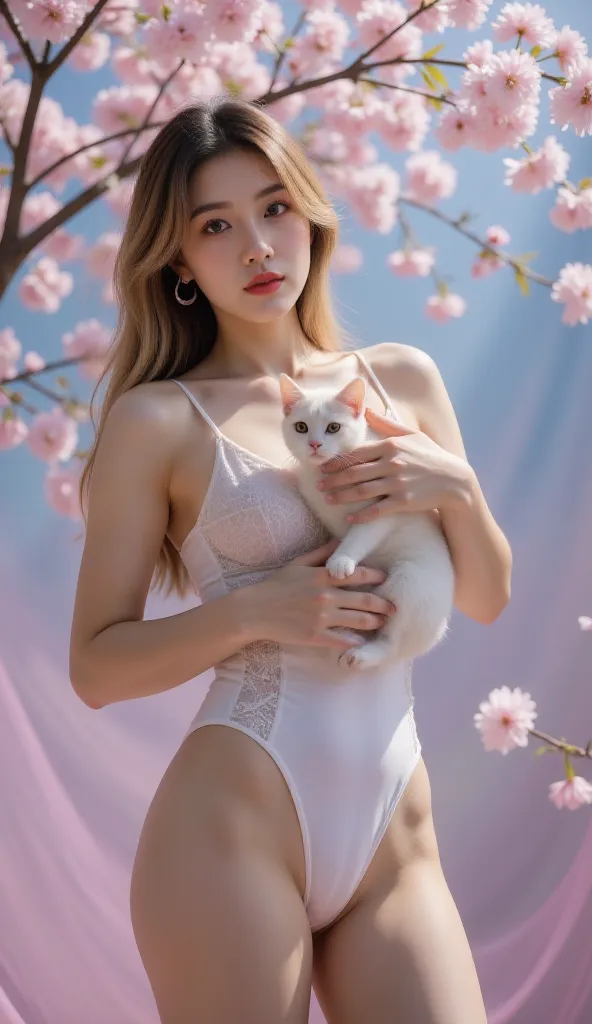 spread your legs，She is holding a cat ，cat selfie，sakura，sex ，Cherry blossom petal rain，(( masterpiece:1.2, Best Quality)), Pacifica Northwestern.  small .  huge hips .  thin body,  Long blonde hair with bell-shaped bangs and dark blue eyes . She also has ...