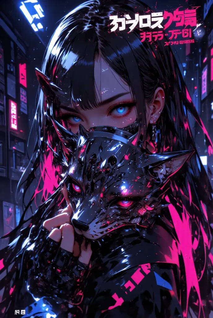 A cyberpunk-style anime girl with long, flowing hair, wearing a black outfit with neon blue and pink accents. She holds a fox demon mask in front of part of her face, revealing one intense eye with glowing pupils. The background is dark with subtle futuris...