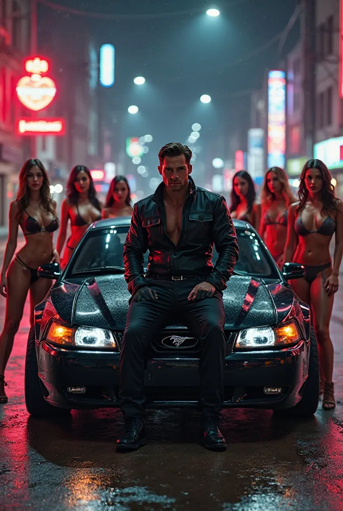 Now we need an image of a street racer sitting on the hood of his car, for example mustang gt 2002, and next to him are half-naked girls 