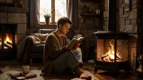 "A young man in casual and warm clothes, with short hair, he is sitting in a cozy armchair in a rustic living room. The room has a burning stone fireplace, projecting a warm and dancing light. Some lamps scattered around the room provide soft lighting,  cr...