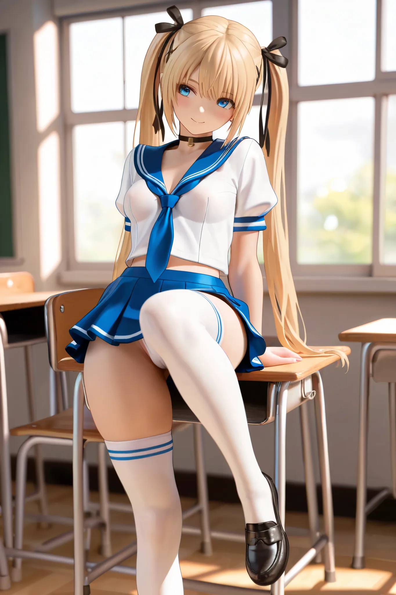 NSFW,masterpiece,top quality,high resolution,in white for summer very detailed, Marie Rose(dead or alive), Gold,long hair、twin tails,sailor suit,Short sleeve,Skirt,knee-high socks,loafers,schools,classroom