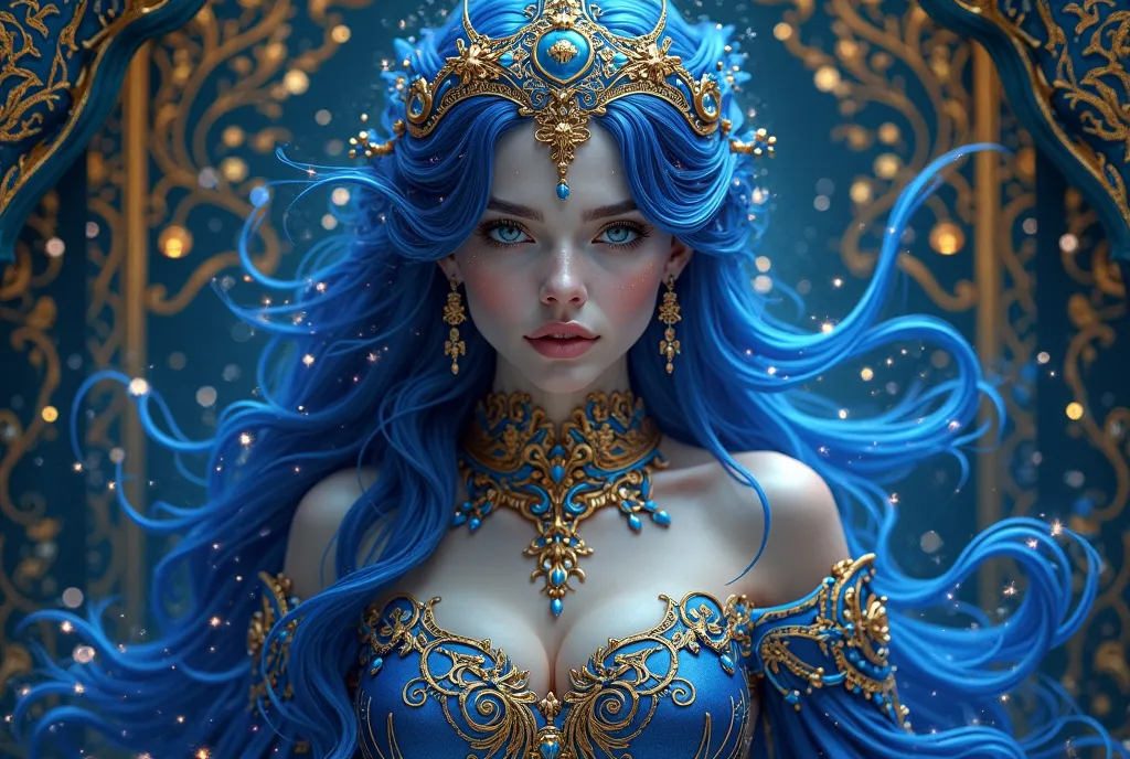 A breathtaking fantasy portrait emerges from darkness, showcasing royal blue and gold details that sparkle like starlight. Ornate patterns and flowing designs frame the composition, while metallic accents catch the light dramatically. Deep blues and rich g...