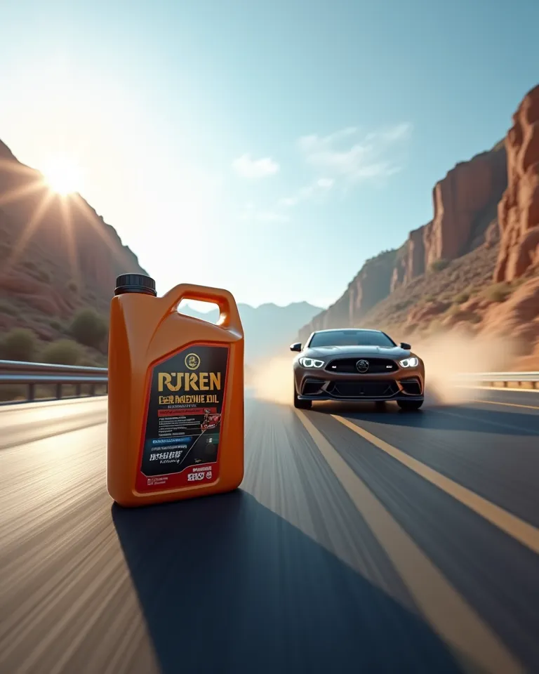 Place engine oil in a 20-liter canister on one side of the car image, driving at high speed on the highway. Place the product certification mark.