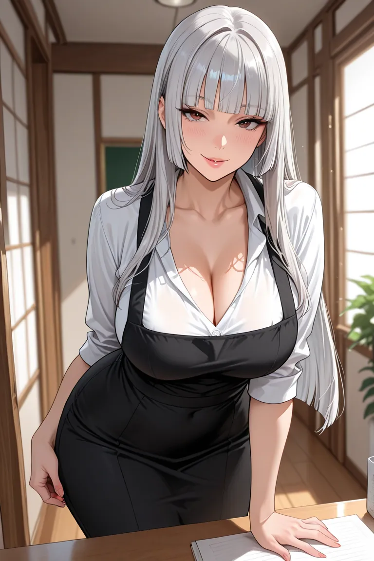 Masterpiece, high quality, housewife, adult female, silver hair, hime cut hair style, highres, seductive pose, high detailed, teacher outfit 