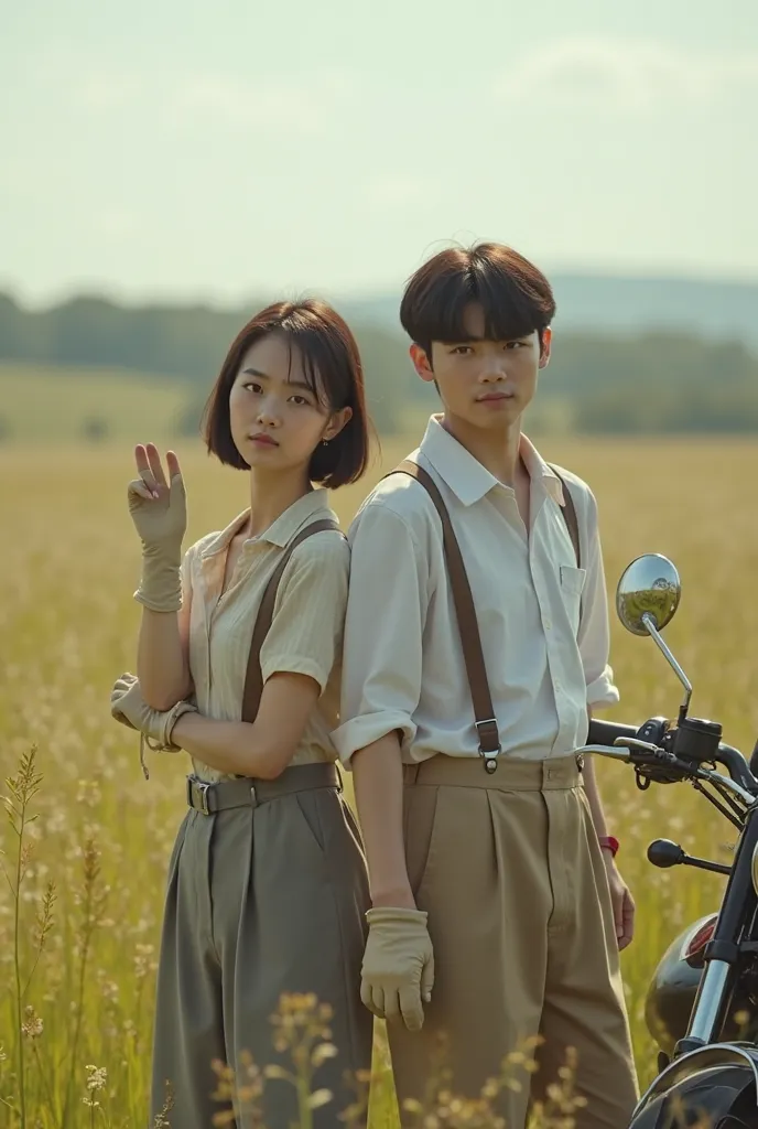 Expansive grassland. Camping tools and a Triumph classic motorcycle are parked.  I see camping supplies. Korean young men and women. The girl has short hair and makes a cute impression. is wearing suspenders and they are both standing side by side wearing ...