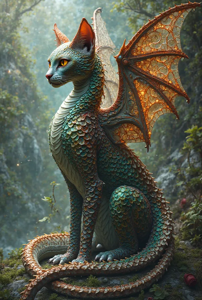 Hybrid cat with dragon, dragon wings with colorful scales, Skin like a snake.