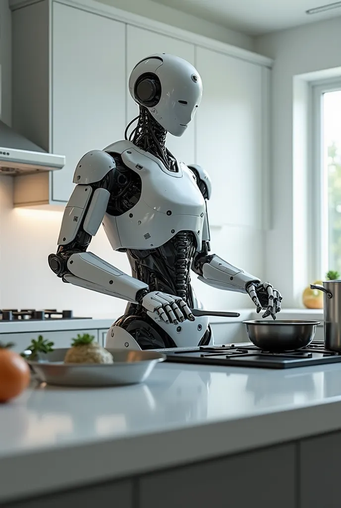 (photorealism:1.2), Robot cooking and looking at the camera.