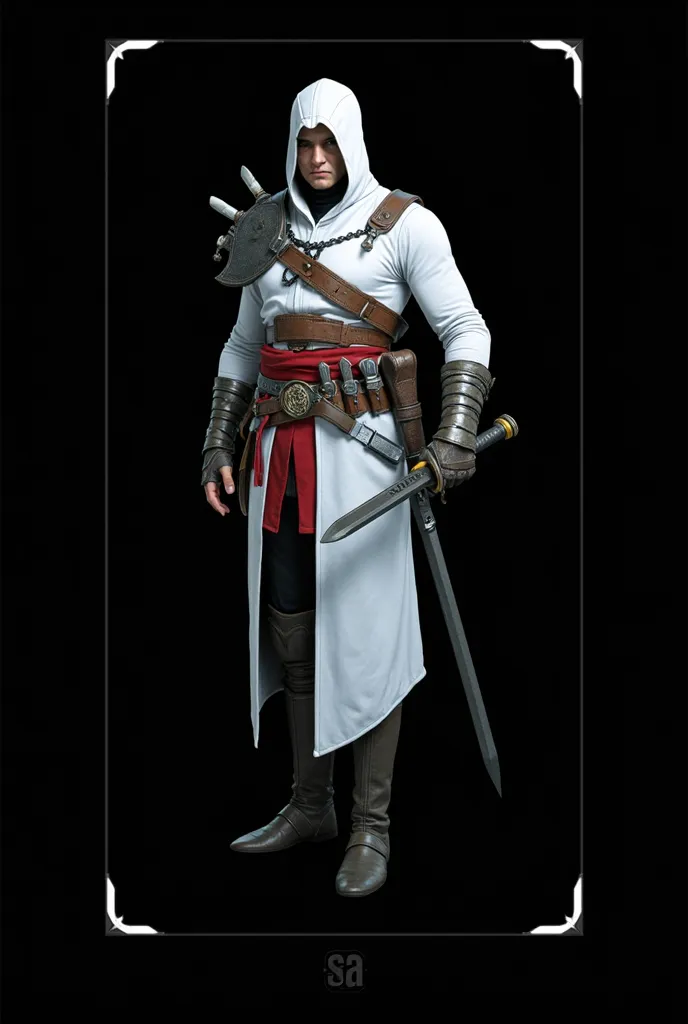 Light brown hooded man, dressed in a white robe with a large leather belt that holds small knives, wears a metal and leather shoulder pad, wears metal and leather arm protectors, with matching gloves, wearing protective leather boots, with a sword sheathed...