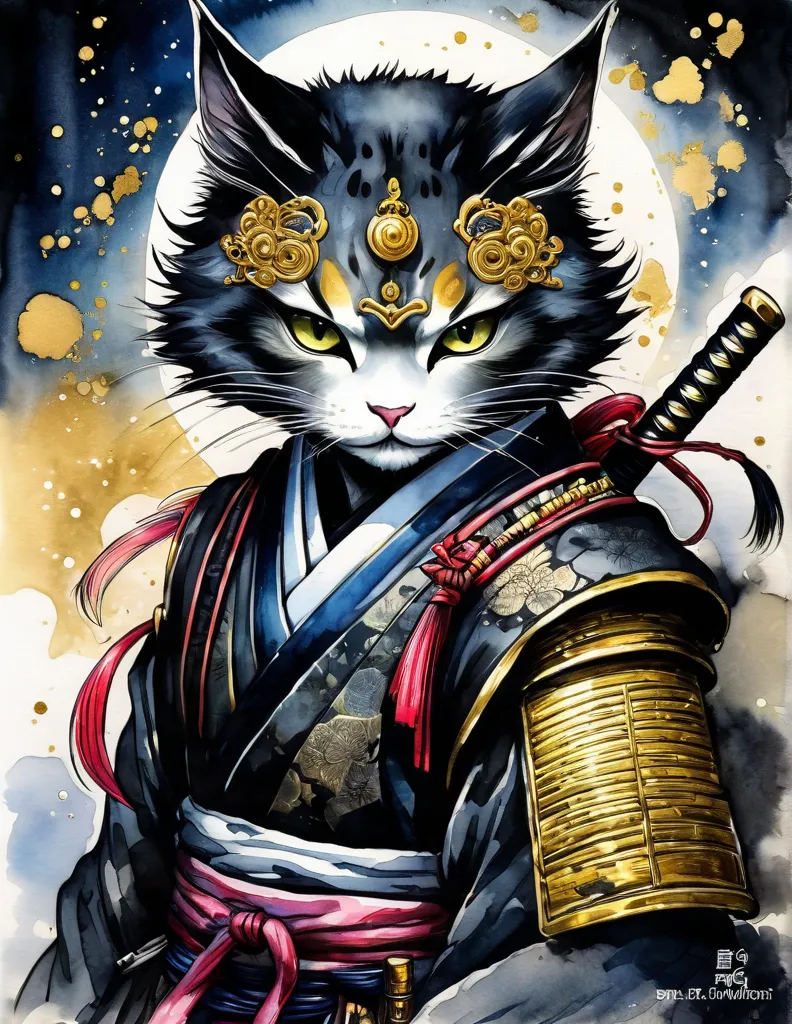 "Kawaii stray neko-mata  samurai", super fine vintage aggressive ink painting | dark tales | Acala, luminous watercolor, detailed pen, alcohol ink, palette of gold | white | black, eye-catching, artistic, meticulously detailed, otherworldly, glaring, shinn...