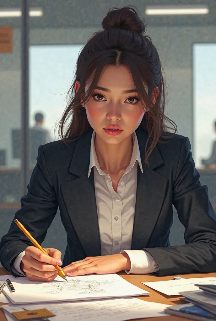 A young saleswoman seated drawing