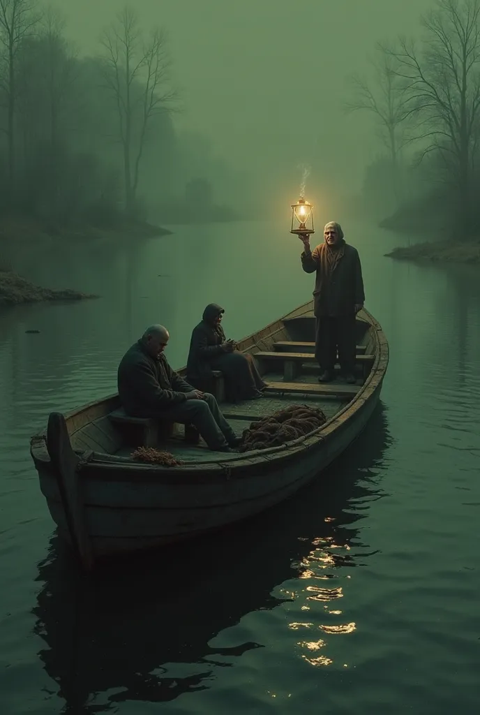 "Create an image in a greenish sepia tone, with a gloomy and melancholic atmosphere. Show an old, worn-out barge gliding silently down a dark and calm river, under a Christmas night.  The lighting is weak , coming only from a faltering lantern that casts l...