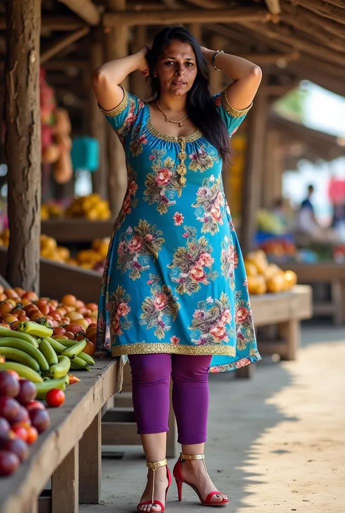 I am 40 year old plus size tall and big giant indiwomen, looking like indian actress hansika motwani, wearing a gold boarded short hand full length side slit open sleevles strap squre neck blue floral kurti ,and shining reflective glossy Violet mid-khalf l...