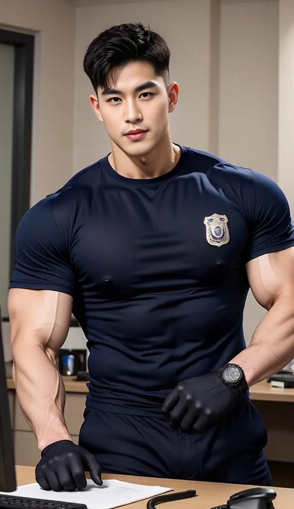 1 handsome man short hair ,crew cut hair play computer ,Wear a fitted round neck t-shirt, solid blue t-shirt,with a police badge,Navy Cargo pants,black gloves, Korean guy,chest muscles,large arm muscles,blood vessel,Big muscles,Broad shoulders, in computer...