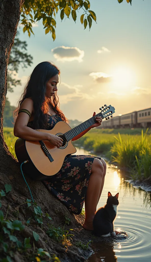 Beautiful Javanese woman with very long wavy hair very thick, busty chubby body wearing pencil dress is playing guitar sitting on a tree trunk by a small river in a simple village rice field, In the distance there is an Indonesian train passing by, bright ...