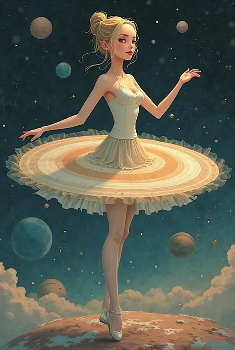 can you draw the planet saturn like it has legs and hands face and make its circle like a ballerina skirt 