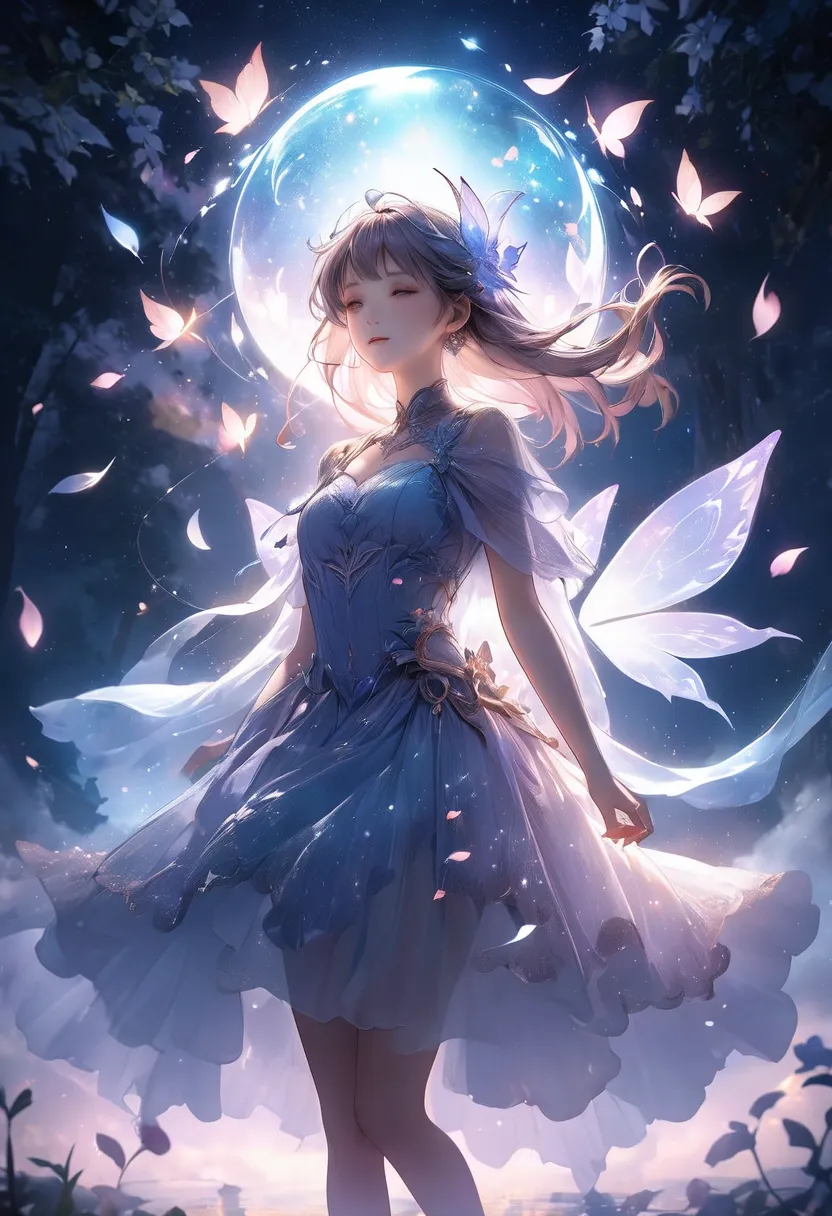 Heart sounds　Sound of the Heart　cute and beautiful woman　Mysterious night sky shrouded in fog（double exposure silhouette:1.2），Fairy Floating Gracefully，Detailed Fantasy Characters，floating petal， Glowing Orb ，Magical Atmosphere， Aether Lighting ，Brilliant ...