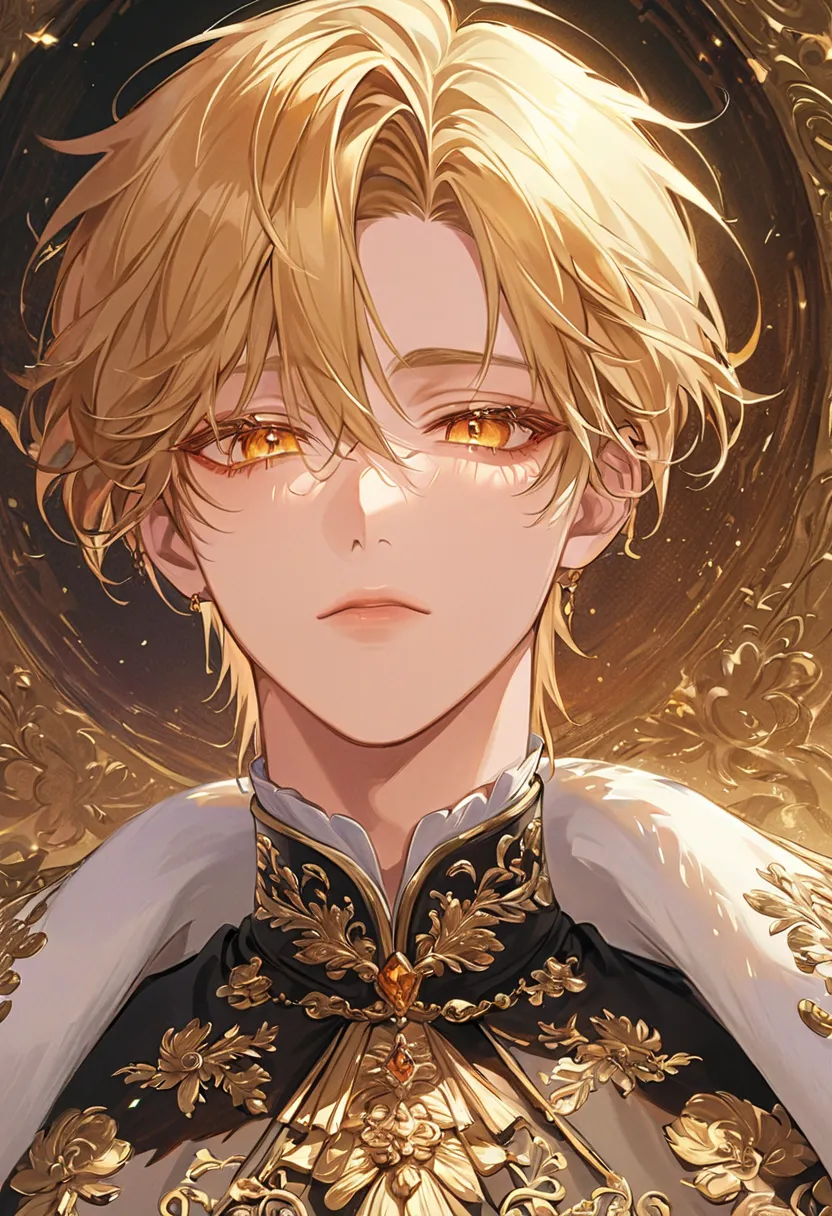 "A hyper-detailed, ultra-high-resolution anime-style illustration of a male character. His golden-blonde hair is richly vibrant, with deeper gold highlights and soft strands that gleam like molten metal in the light. His hair cascades elegantly around his ...