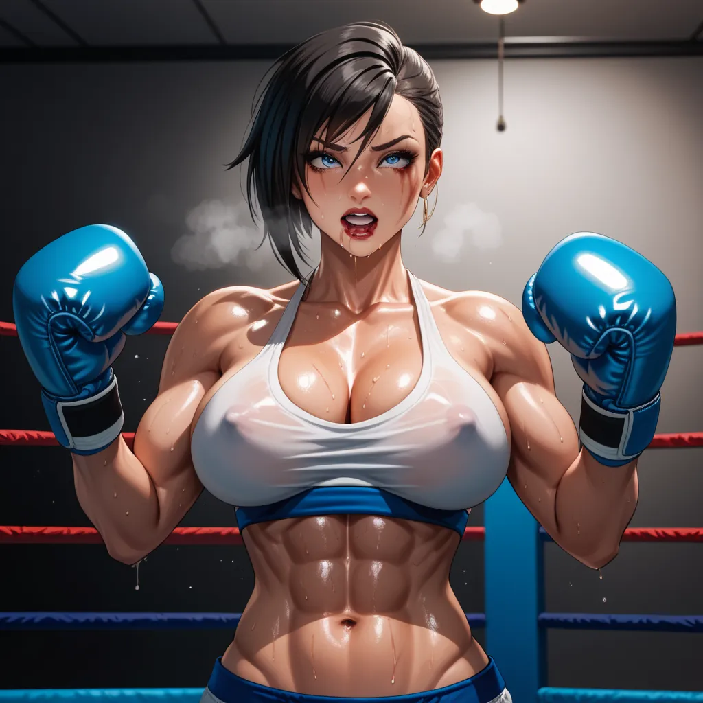 A school in a boxing ring、A woman wearing boxing gloves on both hands、A desperate and unfocused look、He was beaten up so badly that he was in a lot of pain, UHD, retina, super detail, high quality, 4K, wearing the boxing gear, Large Breasts, covered in blo...