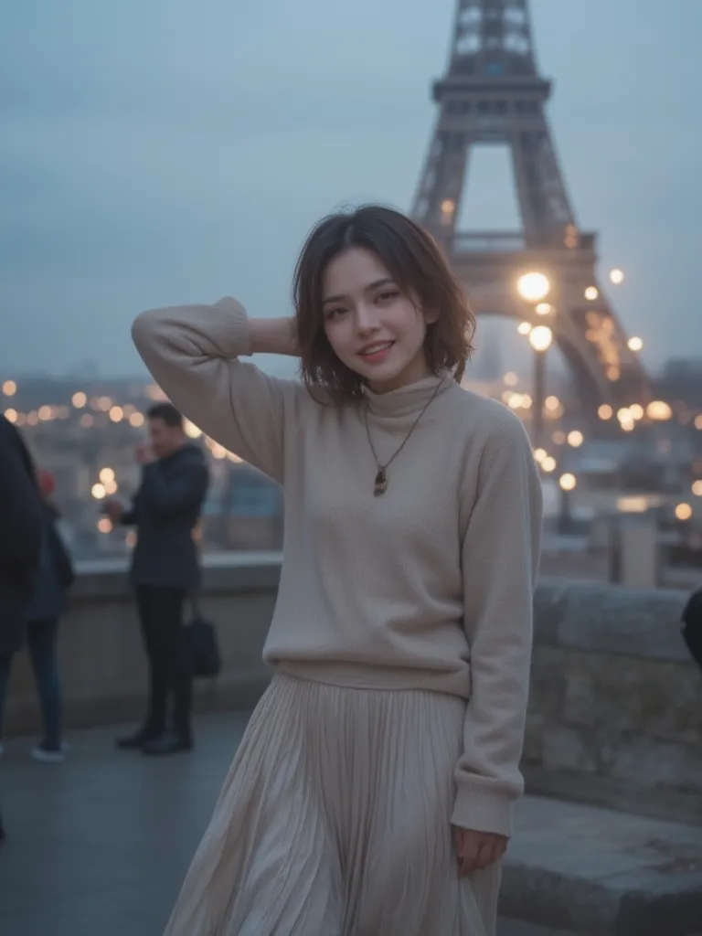 A stylish and confident young girl with short, slightly messy hair in a natural shade like brown or black. Her face has delicate features, with expressive eyes and a bright, joyful smile. She is standing outdoors in Paris, with the iconic Torre Eiffel maje...