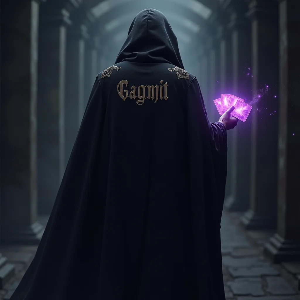 A mysterious character seen from the back, wearing a long flowing overcoat with the name 'GAMBIT' embroidered . He holds shiny and energized cards in one hand, emitting a faint purple glow. 