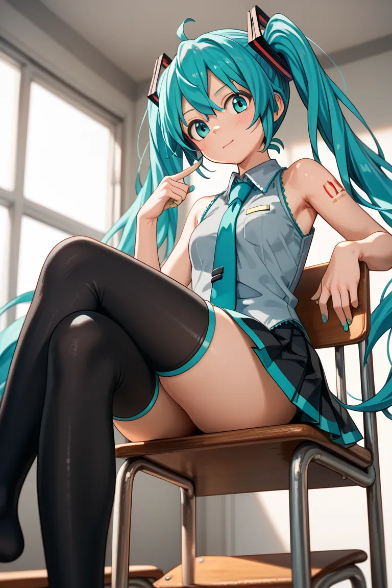 (best quality),(masterpiece),8k,high resolution, detailed hair, detailed clothes , Alone , girl , Hatsune Miku ,  turquoise hair  , twin tails ,  Doyagao , create a perfect body line , draw an anatomically accurate picture , Hot body , exact finger , red 0...