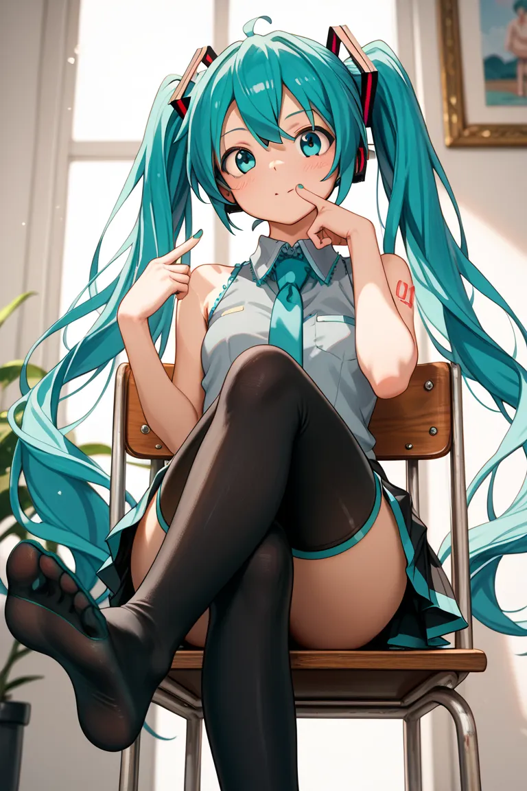 (best quality),(masterpiece),8k,high resolution, detailed hair, detailed clothes , Alone , girl , Hatsune Miku ,  turquoise hair  , twin tails ,  Doyagao , create a perfect body line , draw an anatomically accurate picture , Hot body , exact finger , red 0...