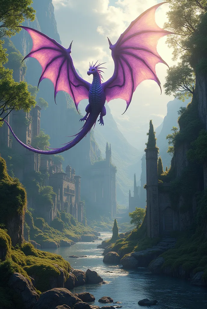 Purple dragon flying over ruins in a forest with water