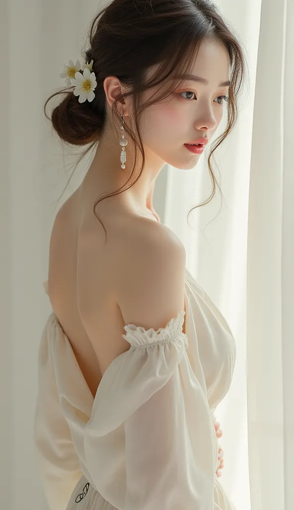  high quality, beautiful,Cute Woman、beautiful魅惑的な表情,Graceful Standing Position, perfect skin,Clear White Skin,Artistic Face Parts,back view　note　Sound 　 Somewhere Soft 　Luxury Background,Precise and Delicate Details,photographic realism,high quality illust...