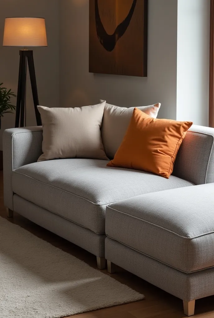 3-seater sofa with gray chaise and two cushions on the left side and an orange cushion on the right side 